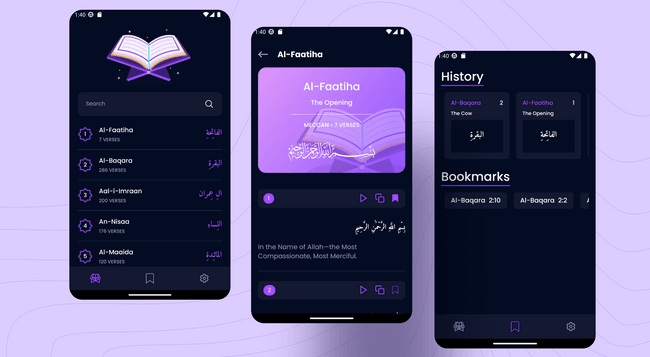 Quran mobile application screens