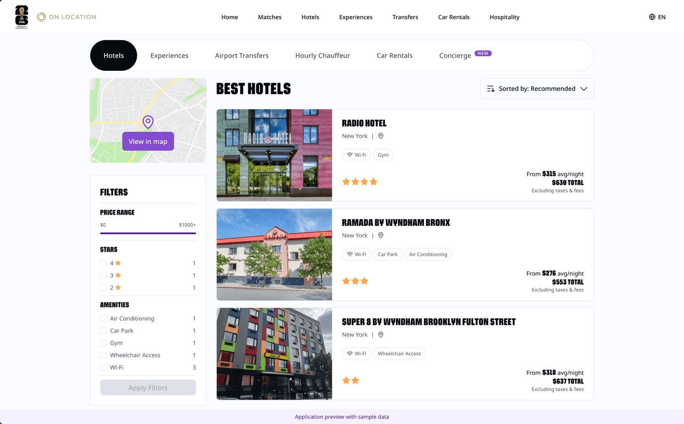 FIFA travel hotel results showing hotel photos, prices, map and amenity filters. Application preview with sample data.