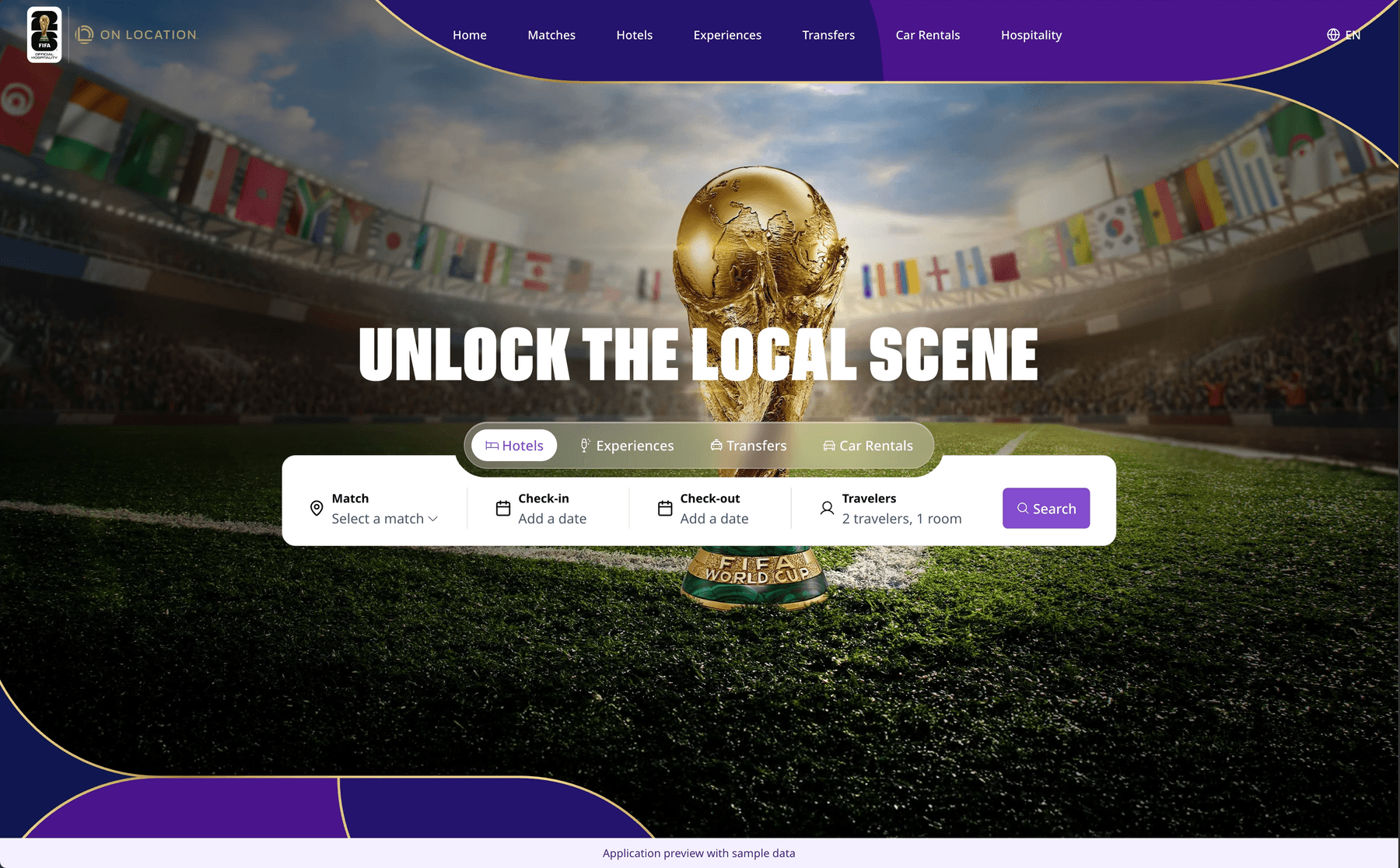 FIFA World Cup travel homepage. Fans can search by match, dates and travelers, with hotels, experiences, transfers and car rentals available.